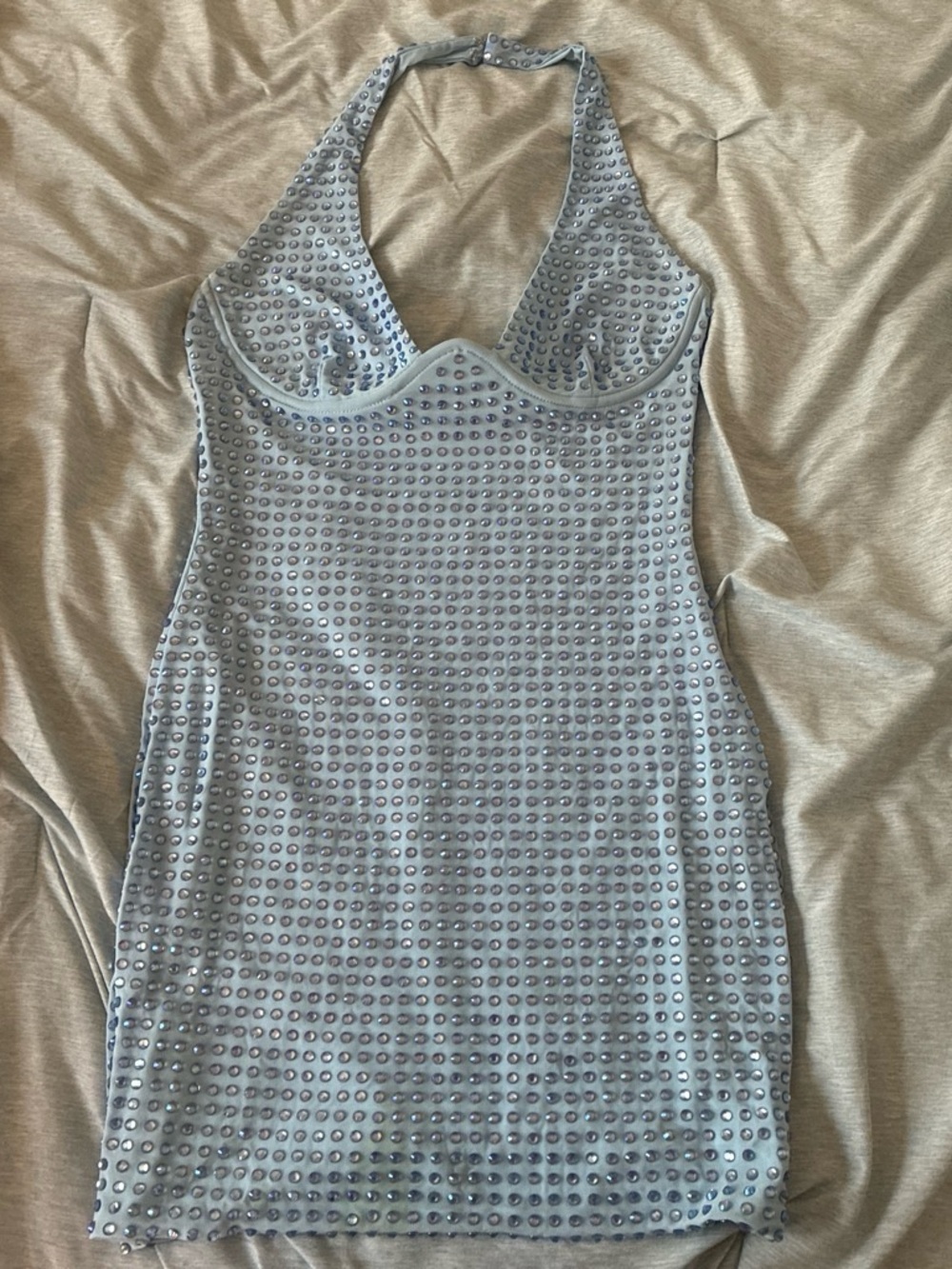 White Fox Boutique Light Blue Halter Mini Dress with Stud Embellishments